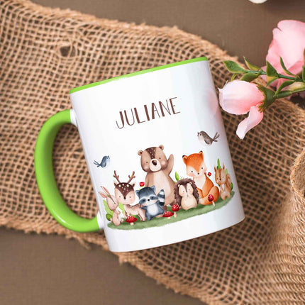 SEO. Bedruckte Tasse mit Name - Tiergruppe Wald - Hellgrün Linkreich