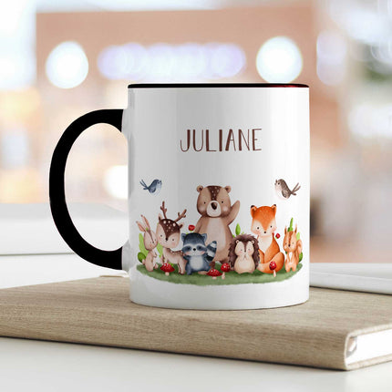 SEO. Bedruckte Tasse mit Name - Tiergruppe Wald - Schwarz & Weiß Linkreich