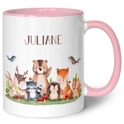 SEO. Bedruckte Tasse mit Name - Tiergruppe Wald - Rosa Linkreich