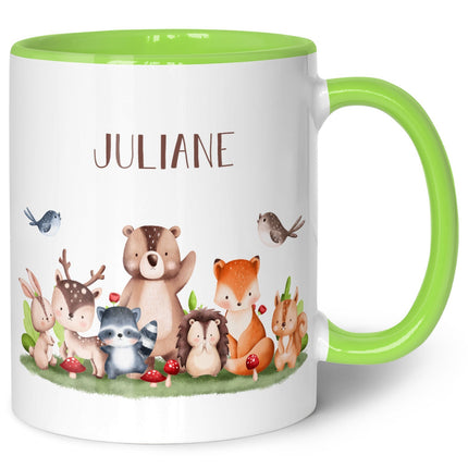SEO. Bedruckte Tasse mit Name - Tiergruppe Wald - Hellgrün Linkreich