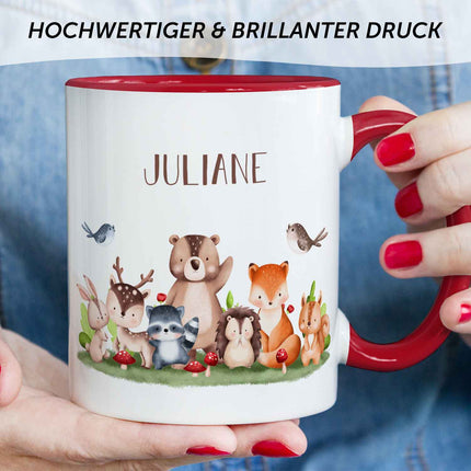 SEO. Bedruckte Tasse mit Name - Tiergruppe Wald - Rot Linkreich