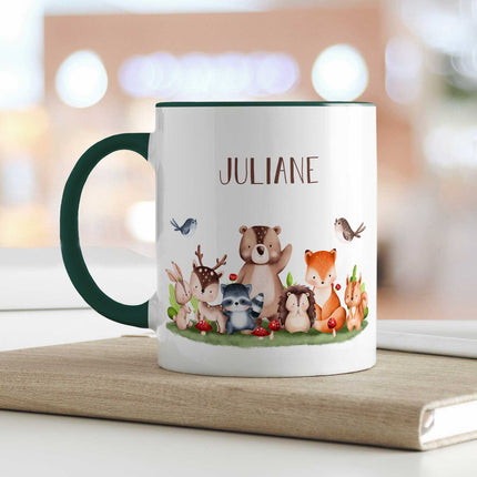 SEO. Bedruckte Tasse mit Name - Tiergruppe Wald - Dunkelgrün Linkreich