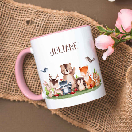 SEO. Bedruckte Tasse mit Name - Tiergruppe Wald - Rosa Linkreich