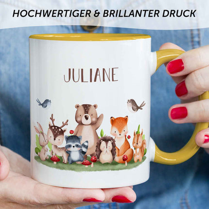 SEO. Bedruckte Tasse mit Name - Tiergruppe Wald - Gelb Linkreich