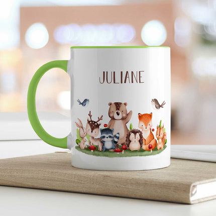SEO. Bedruckte Tasse mit Name - Tiergruppe Wald - Hellgrün Linkreich