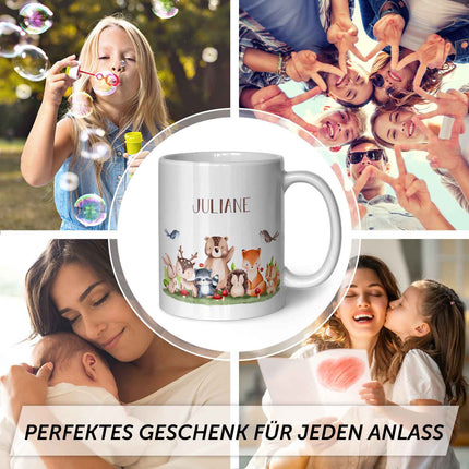 SEO. Bedruckte Tasse mit Name - Tiergruppe Wald - Schwarz & Weiß Linkreich