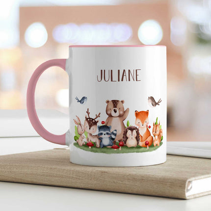 SEO. Bedruckte Tasse mit Name - Tiergruppe Wald - Rosa Linkreich