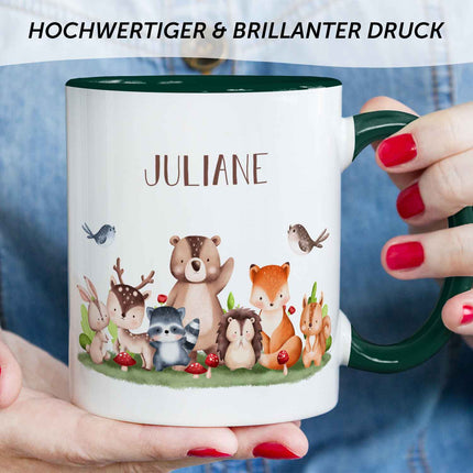 SEO. Bedruckte Tasse mit Name - Tiergruppe Wald - Dunkelgrün Linkreich