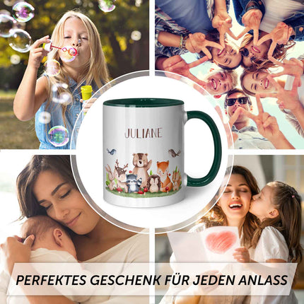 SEO. Bedruckte Tasse mit Name - Tiergruppe Wald - Dunkelgrün Linkreich