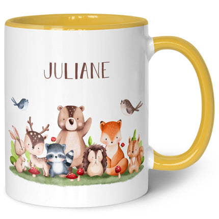 SEO. Bedruckte Tasse mit Name - Tiergruppe Wald - Gelb Linkreich