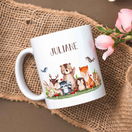 SEO. Bedruckte Tasse mit Name - Tiergruppe Wald - Schwarz & Weiß Linkreich