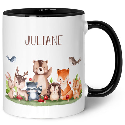 SEO. Bedruckte Tasse mit Name - Tiergruppe Wald - Schwarz & Weiß Linkreich