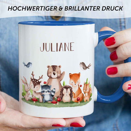 SEO. Bedruckte Tasse mit Name - Tiergruppe Wald - Blau Linkreich
