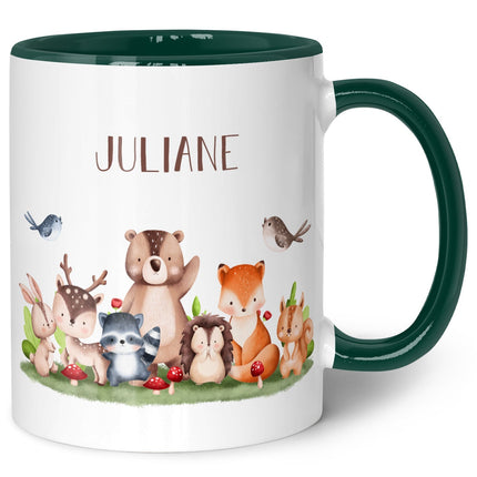 SEO. Bedruckte Tasse mit Name - Tiergruppe Wald - Dunkelgrün Linkreich
