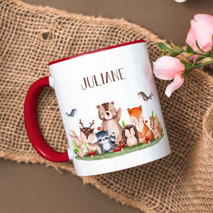 SEO. Bedruckte Tasse mit Name - Tiergruppe Wald - Rot Linkreich