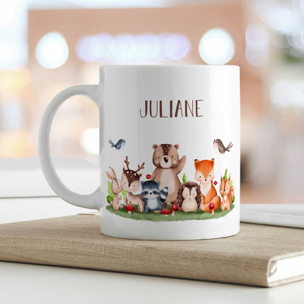 SEO. Bedruckte Tasse mit Name - Tiergruppe Wald - Schwarz & Weiß Linkreich