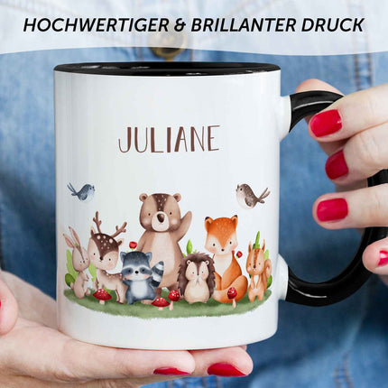 SEO. Bedruckte Tasse mit Name - Tiergruppe Wald - Schwarz & Weiß Linkreich