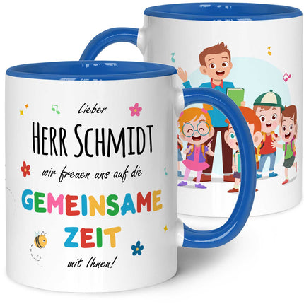 SEO. Bedruckte Tasse mit Name - Wir freuen uns auf eine gemeinsame Zeit - Blau Linkreich