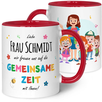SEO. Bedruckte Tasse mit Name - Wir freuen uns auf eine gemeinsame Zeit - Rot Linkreich