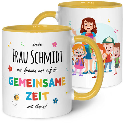 SEO. Bedruckte Tasse mit Name - Wir freuen uns auf eine gemeinsame Zeit - Gelb Linkreich