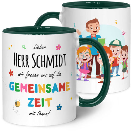 SEO. Bedruckte Tasse mit Name - Wir freuen uns auf eine gemeinsame Zeit - Dunkelgrün Linkreich