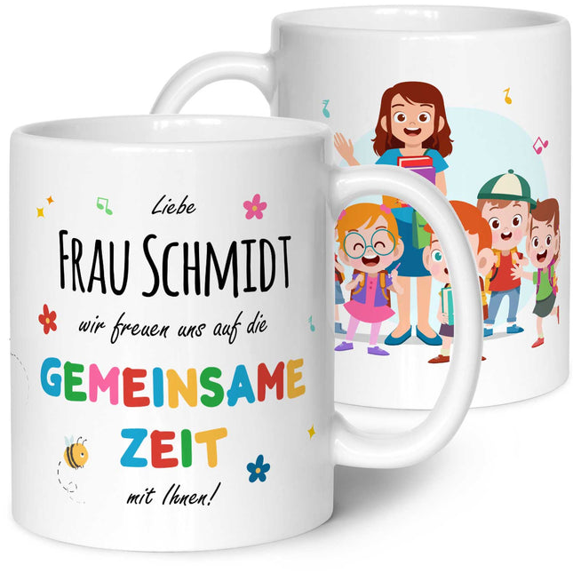 SEO. Bedruckte Tasse mit Name - Wir freuen uns auf eine gemeinsame Zeit - Weiß Linkreich