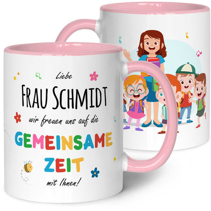 SEO. Bedruckte Tasse mit Name - Wir freuen uns auf eine gemeinsame Zeit - Rosa Linkreich