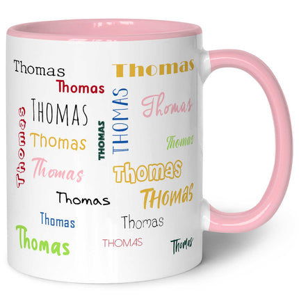 SEO. Bedruckte Tasse mit Namen in verschiedenen Schriftarten - Rosa Linkreich