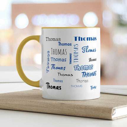SEO. Bedruckte Tasse mit Namen in verschiedenen Schriftarten - Gelb Linkreich