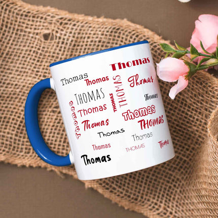 SEO. Bedruckte Tasse mit Namen in verschiedenen Schriftarten - Blau Linkreich