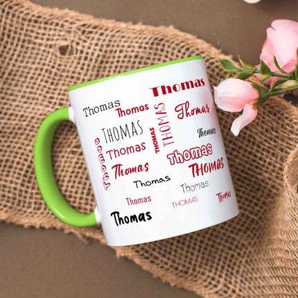 SEO. Bedruckte Tasse mit Namen in verschiedenen Schriftarten - Hellgrün Linkreich