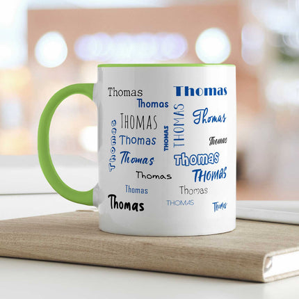 SEO. Bedruckte Tasse mit Namen in verschiedenen Schriftarten - Hellgrün Linkreich
