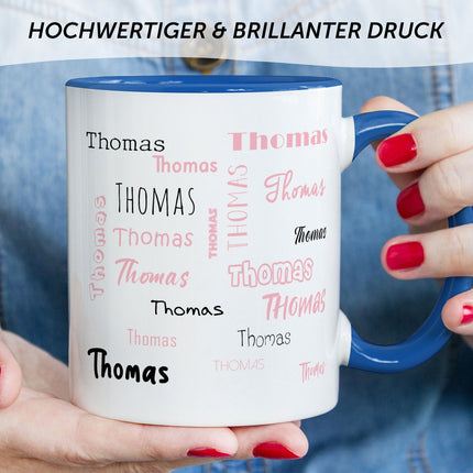 SEO. Bedruckte Tasse mit Namen in verschiedenen Schriftarten - Blau Linkreich