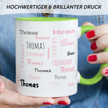 SEO. Bedruckte Tasse mit Namen in verschiedenen Schriftarten - Hellgrün Linkreich