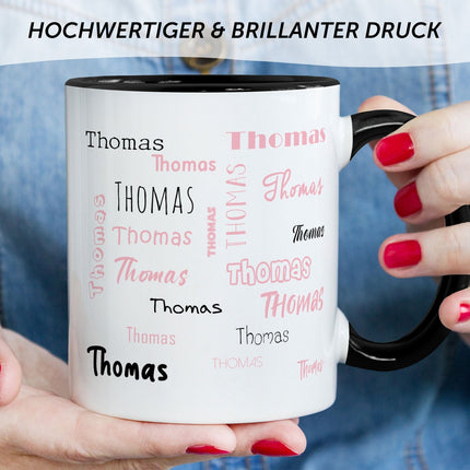 SEO. Bedruckte Tasse mit Namen in verschiedenen Schriftarten - Schwarz Linkreich