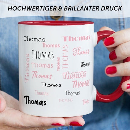 SEO. Bedruckte Tasse mit Namen in verschiedenen Schriftarten - Rot Linkreich