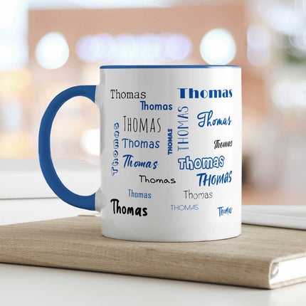 SEO. Bedruckte Tasse mit Namen in verschiedenen Schriftarten - Blau Linkreich