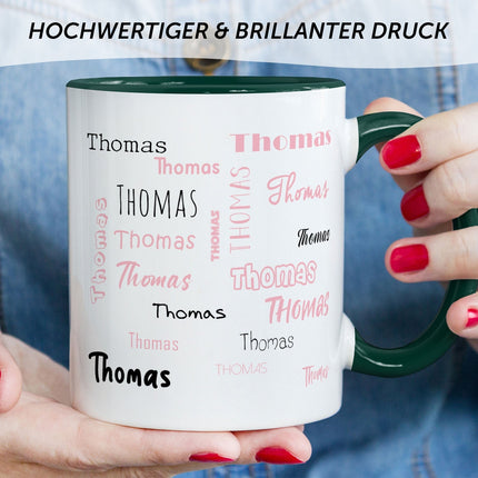 SEO. Bedruckte Tasse mit Namen in verschiedenen Schriftarten - Dunkelgrün Linkreich