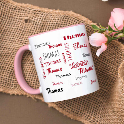 SEO. Bedruckte Tasse mit Namen in verschiedenen Schriftarten - Rosa Linkreich