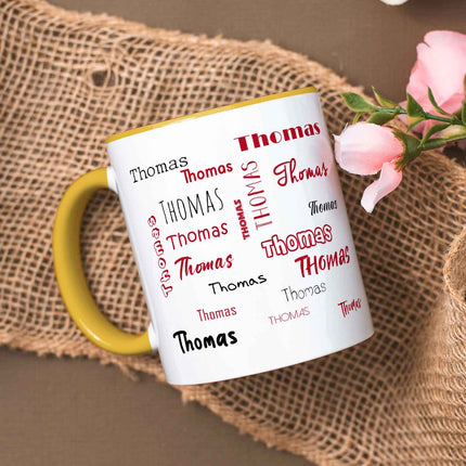 SEO. Bedruckte Tasse mit Namen in verschiedenen Schriftarten - Gelb Linkreich