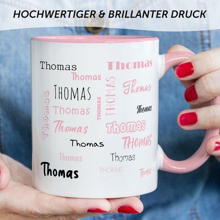SEO. Bedruckte Tasse mit Namen in verschiedenen Schriftarten - Rosa Linkreich