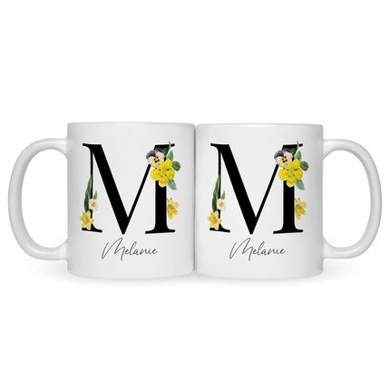 SEO. Bedruckte Tasse mit Personalisierung von Namen & Anfangsbuchstaben im Floral Design - Weiß Linkreich