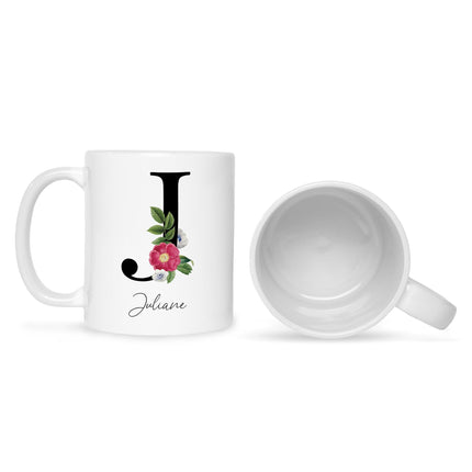 SEO. Bedruckte Tasse mit Personalisierung von Namen & Anfangsbuchstaben im Floral Design - Weiß Linkreich