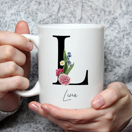 SEO. Bedruckte Tasse mit Personalisierung von Namen & Anfangsbuchstaben im Floral Design - Weiß Linkreich