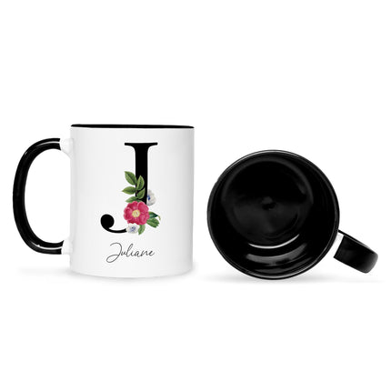 SEO. Bedruckte Tasse mit Personalisierung von Namen & Anfangsbuchstaben im Floral Design - Schwarz & Weiß Linkreich