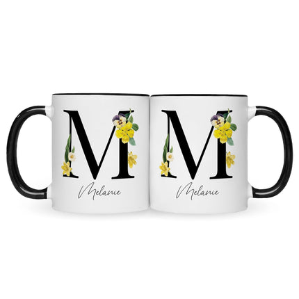 SEO. Bedruckte Tasse mit Personalisierung von Namen & Anfangsbuchstaben im Floral Design - Schwarz & Weiß Linkreich