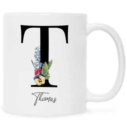 SEO. Bedruckte Tasse mit Personalisierung von Namen & Anfangsbuchstaben im Floral Design - Weiß Linkreich