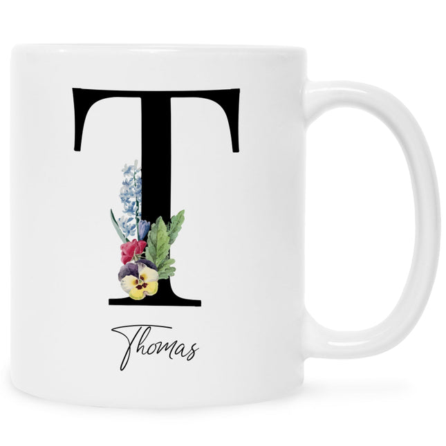 SEO. Bedruckte Tasse mit Personalisierung von Namen & Anfangsbuchstaben im Floral Design - Weiß Linkreich