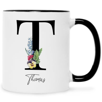 SEO. Bedruckte Tasse mit Personalisierung von Namen & Anfangsbuchstaben im Floral Design - Schwarz & Weiß Linkreich