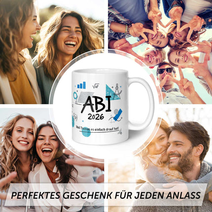 SEO. Bedruckte Tasse mit Spruch - Abi - Personalisiert mit Namen - Weiß Linkreich
